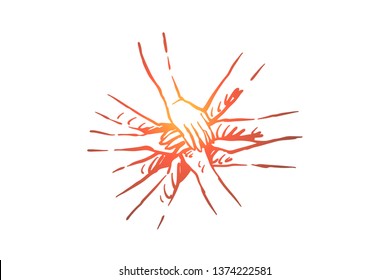 Team building, bonding exercise, business partnership, community cooperation, togetherness, people holding hands together. Hands stack, teamwork concept sketch. Hand drawn vector illustration