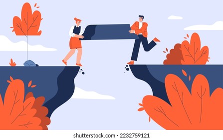 Team building bridge, business concept of cooperation, searching solution, strategy and partnership collaboration. Male and female characters trying connect rock edges, Linear flat vector illustration