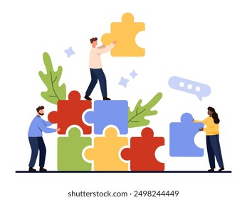 Team building, business communication and success teamwork, cooperation in collective goal and startup. Tiny people connect puzzle pieces together, build partnership cartoon vector illustration