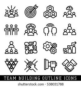 Team building business people communication black thin style icons vector. Human silhouette, webinar, startups meeting motivation teambuilding symbols