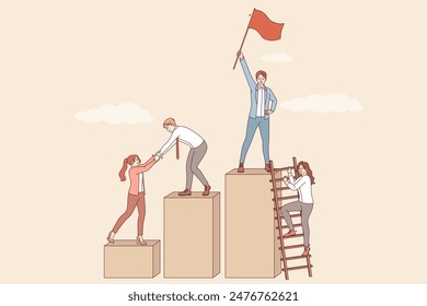 Team building for business people who rise to top of career ladder together and choose leader holding red flag. Team of white collar workers developing together to achieve superior results