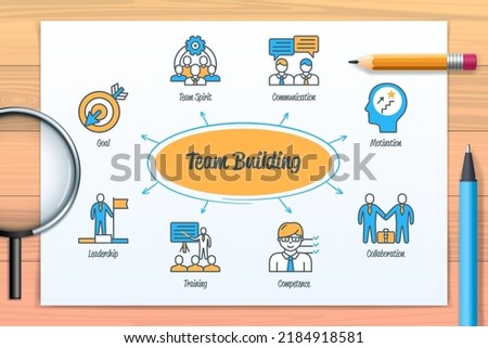 Team building chart with icons and keywords. Team spirit, motivation, training, competency, collaboration, communication, goal, leadership. Web vector infographic