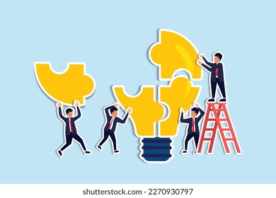 Teambuilding, Team-Zusammenarbeit für Business-Idee, Teamwork zur Problemlösung, Mitarbeit an der Zusammenarbeit für Erfolgskonzept, Geschäftsleute und Geschäftsfrauen Team bis zur Lösung des Glühbirnen-Puzzles.
