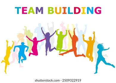 Team Building colorful concept with happy teamwork jumping