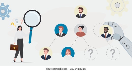 Team building, concept. AI robot helping hr agent hiring new staff. Female boss searching employees and arranges employees in hierarchy of company. Distribution of positions and responsibilities.