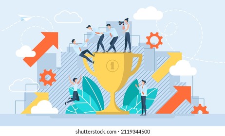 Team building concept. Business illustration. Teamwork, cooperation. The leader helps the team members to succeed. The metaphor of development, presentation, teambuilding. Vector flat design style. 