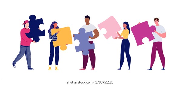 Team building concept. Business team metaphor. Business partners or company employees work together on a project. Young people put together puzzle pieces. Illustration.Vector. Flat. Cartoon.