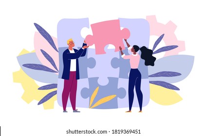 Team building concept. Business team metaphor. Business partners or company employees work together on a project. Young people put together puzzle pieces. Illustration.Vector. Flat. Cartoon.