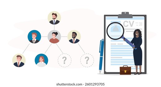 Team building, concept. Female boss arranges employees in hierarchy of company. Distribution of positions and responsibilities. HR agent new staff, watching resume. Leader develops corporate strategy.