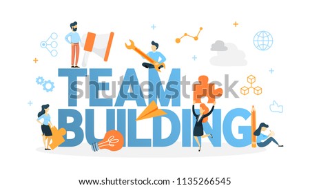 Team building concept. Group of people gather and work together to get good business results. Idea of communication and cooperation. Isolated flat vector illustration