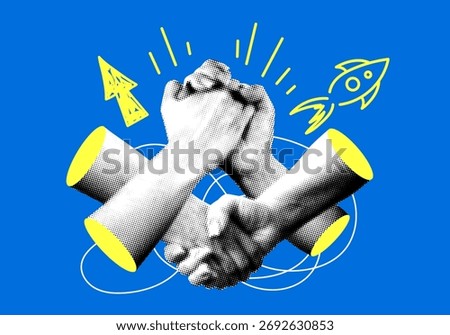 Team building concept. Halftone hands clasped in a lock. Connection, business collaboration, teamwork. Contemporary collage. Group support. Startup launch. Doodle rocket, arrow. Community power