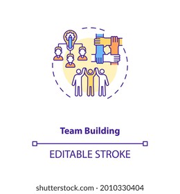 Team building concept icon. Motivating employees for best work idea thin line illustration. Teamwork and activities. Coaching. Vector isolated outline RGB color drawing. Editable stroke