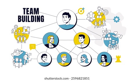 Team building concept illustration. Teamwork, collaboration. Communication, brainstorm. Leadership, support. Text banner with flat vector characters, colorful line icons. Visual communication