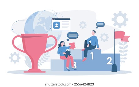 Team building concept. Man and woman sitting on pedestal near cup and trophy. Motivation, leadership and success. Successful colleagues. Flat vector illustration isolated on white background