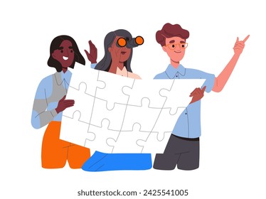 Team building concept. Man and women with binoculars. Communication, cooperation and collaboration. Colleagues work at common project. Cartoon flat vector illustration isolated on white background
