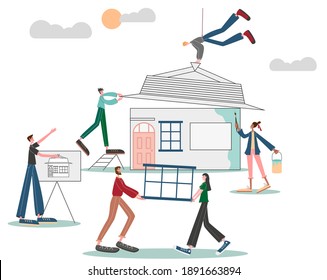 Team building concept. Office workers, project maker, office stuff. Bureau of Architecture. Character vector illustration.