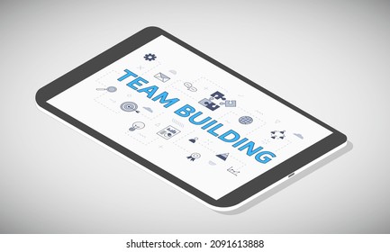 team building concept on tablet screen with isometric 3d style