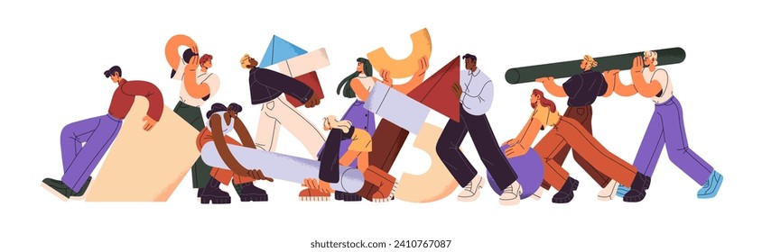 Team building concept. People create with abstract geometric shapes. Employees work together. Collaboration in business, partnership in office. Flat isolated vector illustration on white background