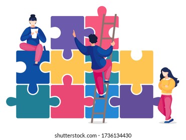 Team building concept. Vector illustration joint teamwork in the company. Man climbs the stairs, woman sitting upstairs of the pyramid of puzzles. Joint work, team support and business development