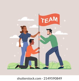 Concepto de Team Building. Jóvenes hombres y mujeres sonríen y sostienen la bandera. Metáfora del trabajo en equipo, asociación o colaboración exitosa. Los empleados trabajan juntos. Ilustración vectorial plana moderna de dibujos animados