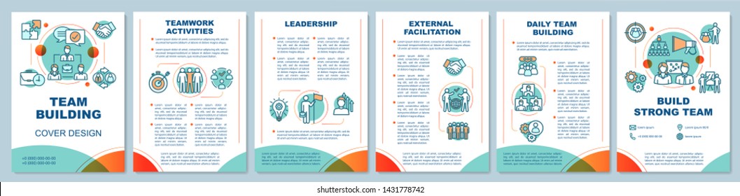 Team building cover design brochure template layout. Partnership, leadership. Team management. Flyer, booklet, leaflet print design with linear icons. Vector page layouts for annual reports, posters