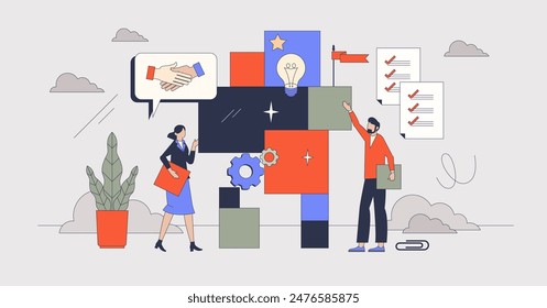 Team building event for partnership boost tiny person neubrutalism concept. Work efficiency and productivity improvement with job partners cooperation and collaboration tasks vector illustration.