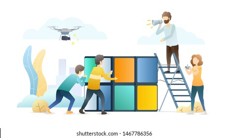 Team building exercise flat vector illustration. Leader with megaphone, colleagues and woman with drone cartoon characters. People solving cube puzzle. Teamwork management, leadership metaphor.
