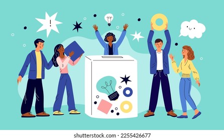 Team building funny game. Office employees play. Business people collaboration. Men and women collect ideas in box. Business training for workers brainstorming. Garish