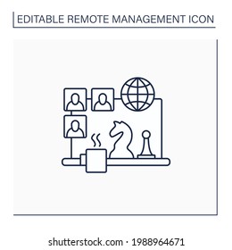 Team building games line icon. Virtual gameplay. Online communication. Friendly atmosphere.Chess. Video chat. Remote management concept.Isolated vector illustration. Editable stroke