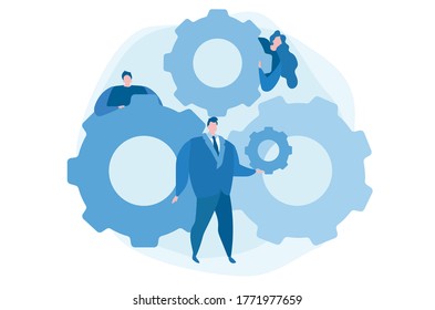 Team building with gear. Career growth. Dedicated team, software development . Vector illustration for web banner, infographics, mobile. 