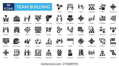 Symbolsatz für das Erstellen von Symbolen in Team. Teamherausforderung, Führung, Problemlösung, Konfliktlösung, Kommunikation, aktives Zuhören, Feedbackkreis