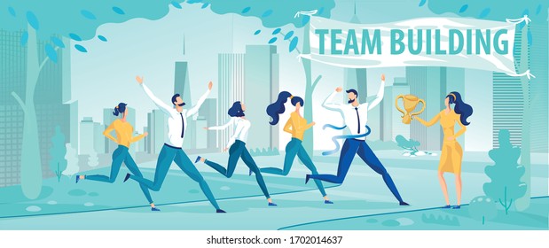 Team Building And Healthy Competition. Cartoon Office Workers, Employee Running Marathon Competitive Race Up To Finish. Motivational Flat Poster. Vector City Park Over Urban Landscape Illustration