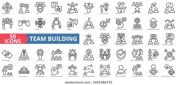 Team building icon collection set. Containing collaboration, trust, communication, leadership, motivation, problem solving, cooperation icon. Simple line vector.