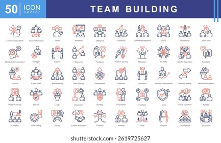 Conjunto de coleções de ícones do Team Building. Contendo colaboração, confiança, comunicação, liderança, motivação, resolução de problemas, ícone de cooperação.
