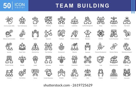 Conjunto de coleções de ícones do Team Building. Contendo colaboração, confiança, comunicação, liderança, motivação, resolução de problemas, ícone de cooperação.