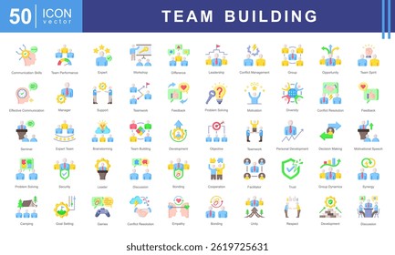 Conjunto de coleções de ícones do Team Building. Contendo colaboração, confiança, comunicação, liderança, motivação, resolução de problemas, ícone de cooperação.
