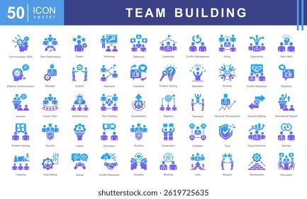 Conjunto de coleções de ícones do Team Building. Contendo colaboração, confiança, comunicação, liderança, motivação, resolução de problemas, ícone de cooperação.