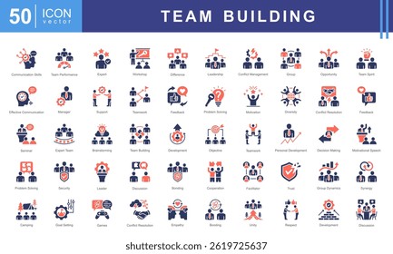 Conjunto de coleções de ícones do Team Building. Contendo colaboração, confiança, comunicação, liderança, motivação, resolução de problemas, ícone de cooperação.