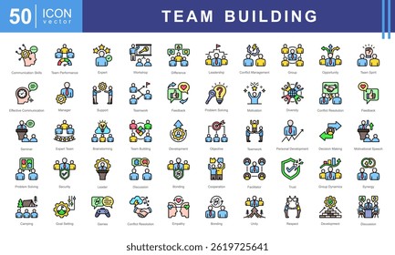 Team Building icon collection set. Containing collaboration, trust, communication, leadership, motivation, problem solving, cooperation icon.