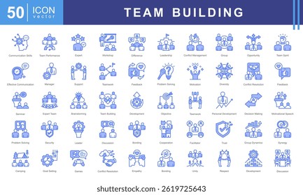 Conjunto de coleções de ícones do Team Building. Contendo colaboração, confiança, comunicação, liderança, motivação, resolução de problemas, ícone de cooperação.