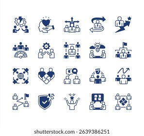 Team building icon collection set. Containing collaboration, trust, communication, leadership, motivation, problem solving, cooperation icon. Simple flat vector.