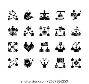 Team building icon collection set. Containing collaboration, trust, communication, leadership, motivation, problem solving, cooperation icon. Simple flat vector.