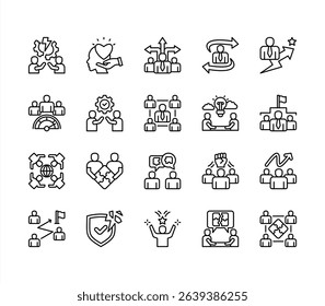 Team building icon collection set. Containing collaboration, trust, communication, leadership, motivation, problem solving, cooperation icon. Simple line vector.