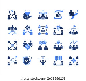 Team building icon collection set. Containing collaboration, trust, communication, leadership, motivation, problem solving, cooperation icon. Simple flat vector.