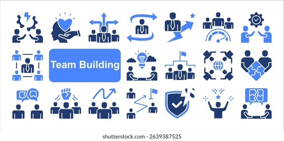 Team building icon collection set. Containing collaboration, trust, communication, leadership, motivation, problem solving, cooperation icon. Simple flat vector.