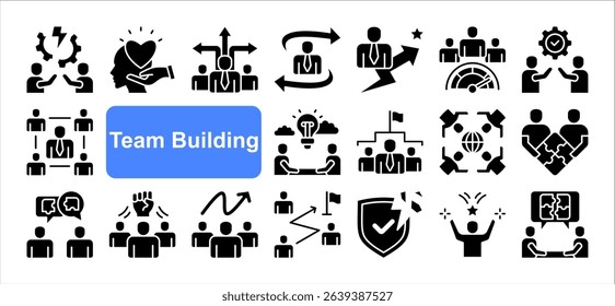 Team building icon collection set. Containing collaboration, trust, communication, leadership, motivation, problem solving, cooperation icon. Simple flat vector.