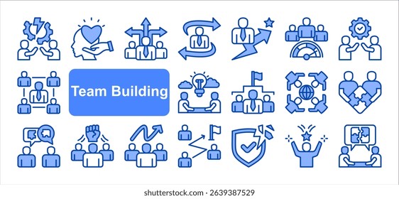 Team building icon collection set. Containing collaboration, trust, communication, leadership, motivation, problem solving, cooperation icon. Simple line vector.