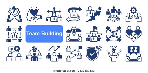 Team building icon collection set. Containing collaboration, trust, communication, leadership, motivation, problem solving, cooperation icon. Simple flat vector.