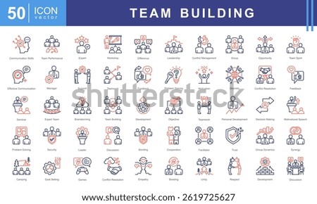 Team Building icon collection set. Containing collaboration, trust, communication, leadership, motivation, problem solving, cooperation icon.