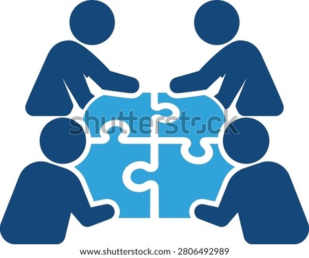 Team building icon illustration showcasing four professionals assembling puzzle pieces together